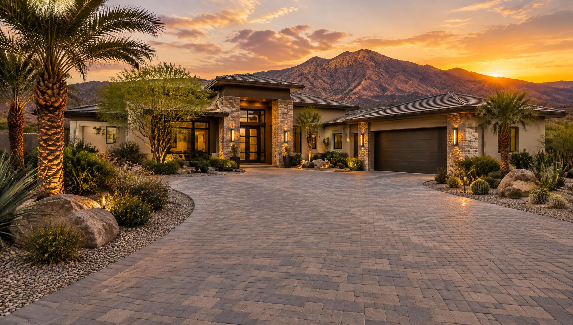 Illustrative Las Vegas home with a wide paver driveway at sunset